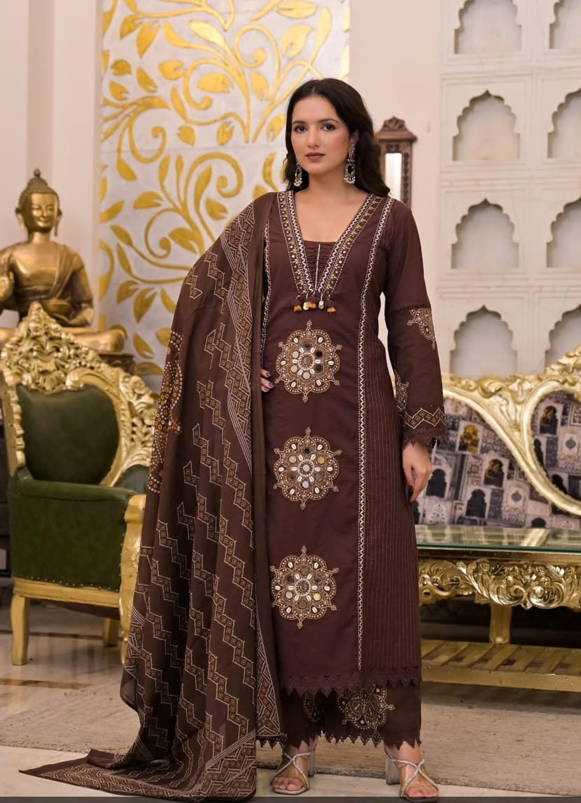 Makhmal Brown V Neck Panel Style Cotton 3 Piece Set