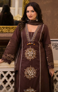 Makhmal Brown V Neck Panel Style Cotton 3 Piece Set