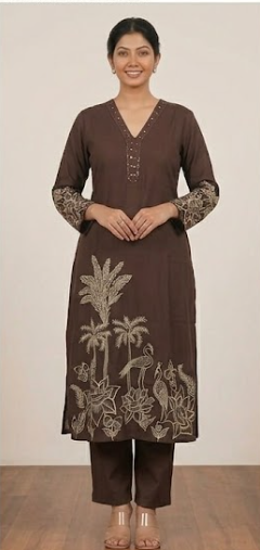 Women Brown Cotton Regular Kurta with Trouser