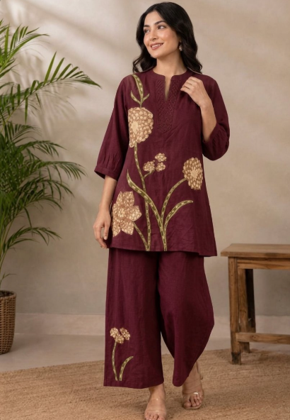 Cotton Floral Thread work Tunic & Trousers Co-Ord Set