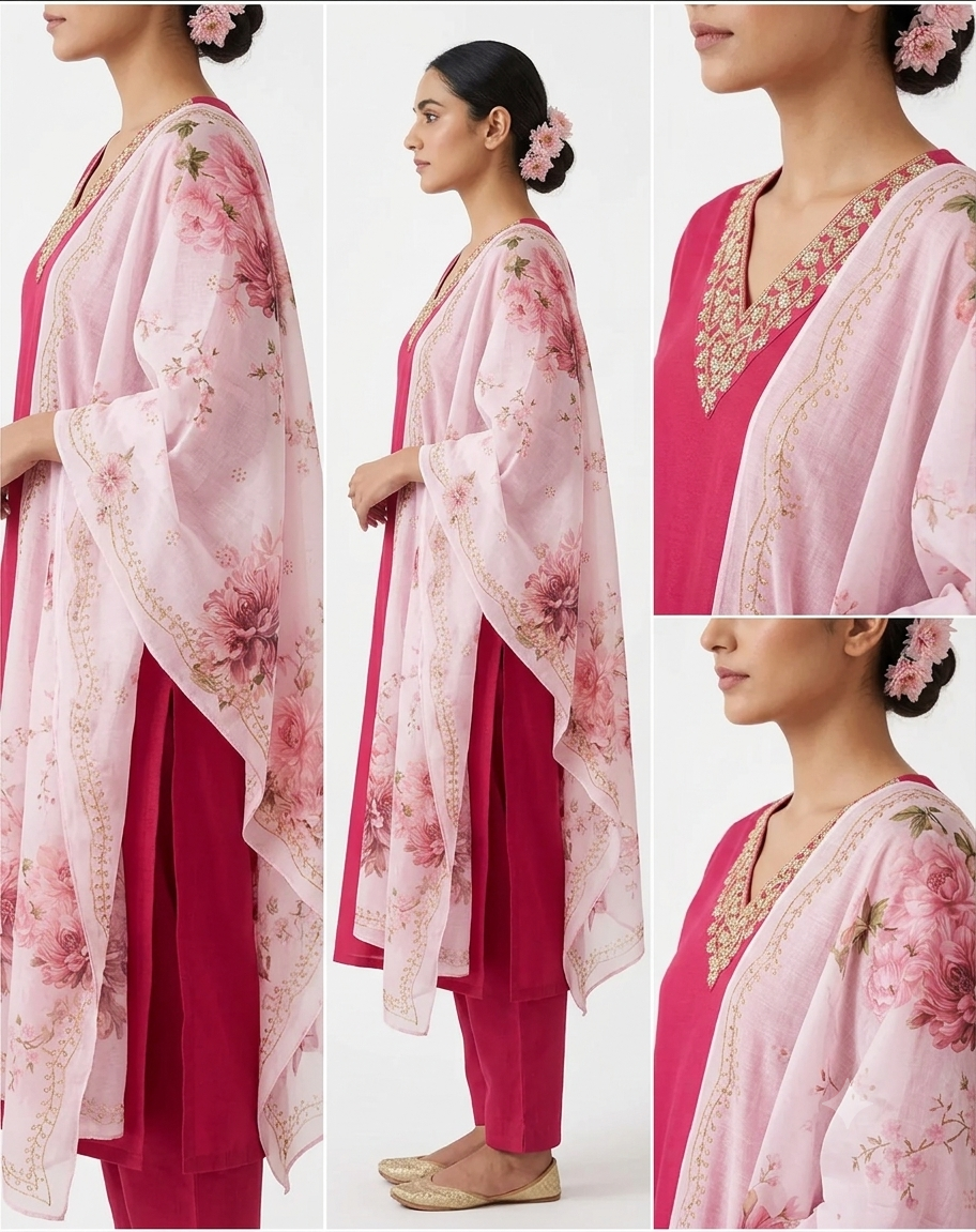 Floral Yoke Design Notch Neck Thread Work Straight Kurta With Trouser and Dupatta