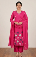 Floral Printed Cotton Regular V-Neck Straight Kurta With Trouser & Dupatta