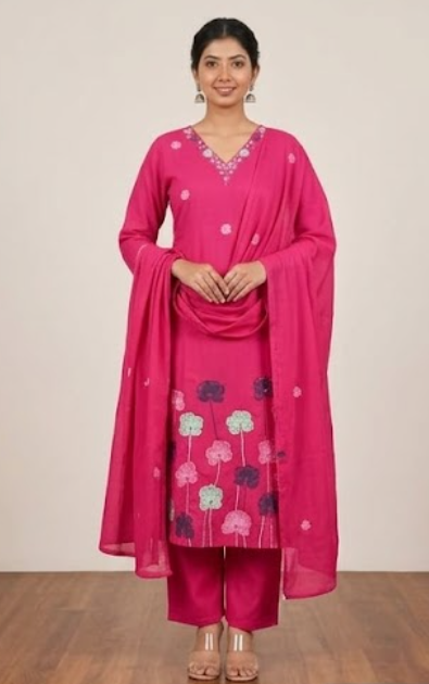 Floral Printed Cotton Regular V-Neck Straight Kurta With Trouser & Dupatta
