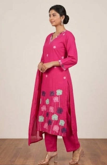 Floral Printed Cotton Regular V-Neck Straight Kurta With Trouser & Dupatta