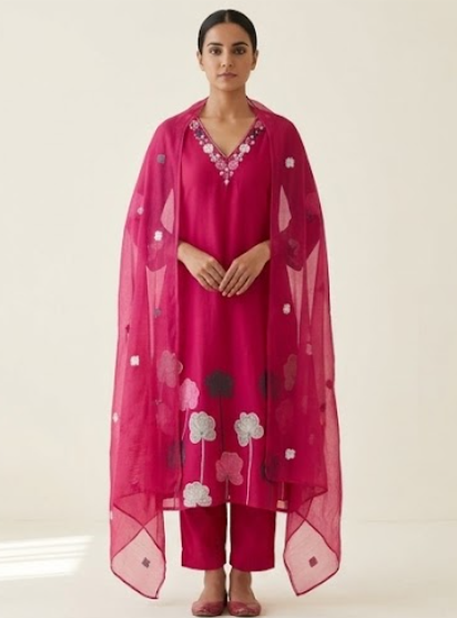 Floral Printed Cotton Regular V-Neck Straight Kurta With Trouser & Dupatta