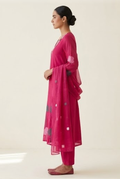 Floral Printed Cotton Regular V-Neck Straight Kurta With Trouser & Dupatta