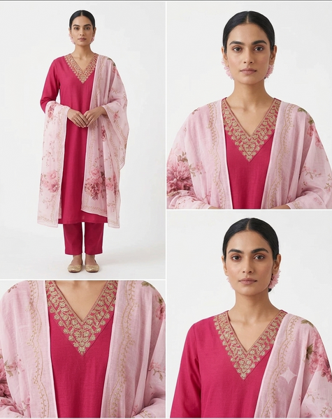 Floral Yoke Design Notch Neck Thread Work Straight Kurta With Trouser and Dupatta