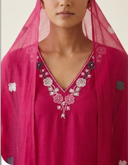 Floral Printed Cotton Regular V-Neck Straight Kurta With Trouser & Dupatta