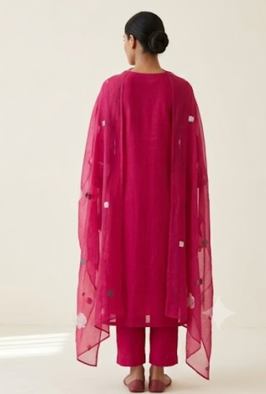 Floral Printed Cotton Regular V-Neck Straight Kurta With Trouser & Dupatta