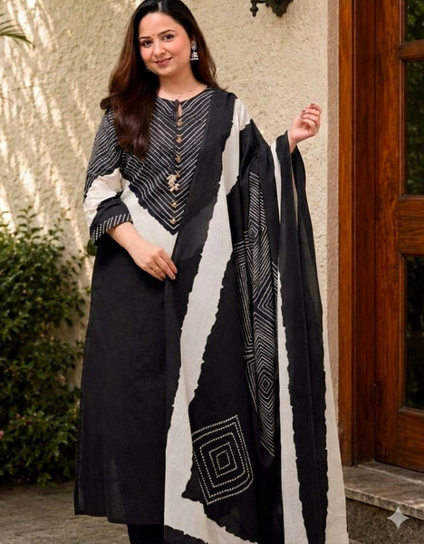 Women Leheriya Dyed Regular Pure Cotton Kurta with Palazzos & With Dupatta